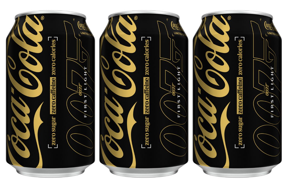 Cans of Coca-Cola Zero Sugar Caffeine Free with on-pack promotion for 007 First Light.
