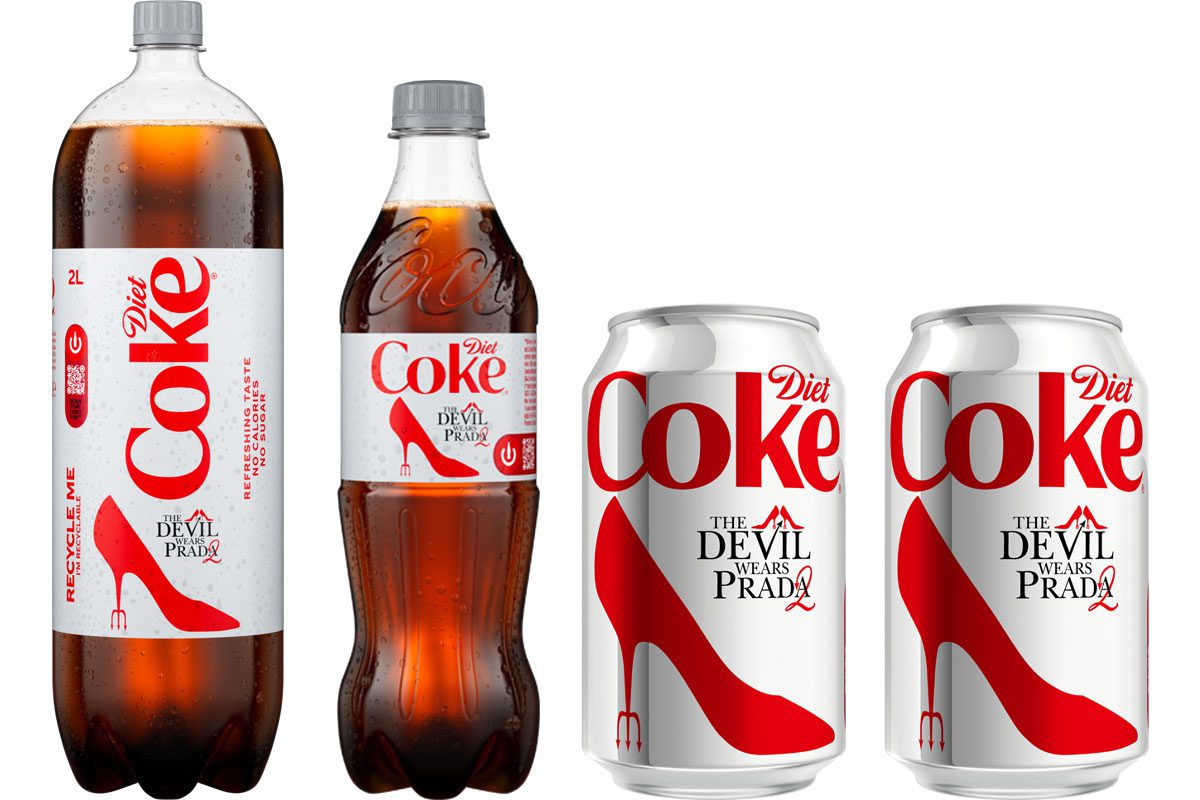 Pack shots of two litre Diet Coke bottle, Diet Coke 500ml bottle and 330ml Diet Coke cans with the Devil Wears Prada 2 on-pack promotion.