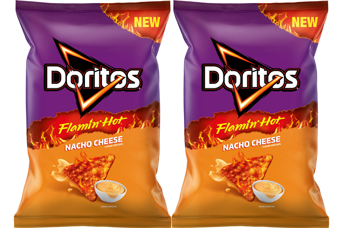 Pack shots of Doritos Flamin' Hot Nacho Cheese.