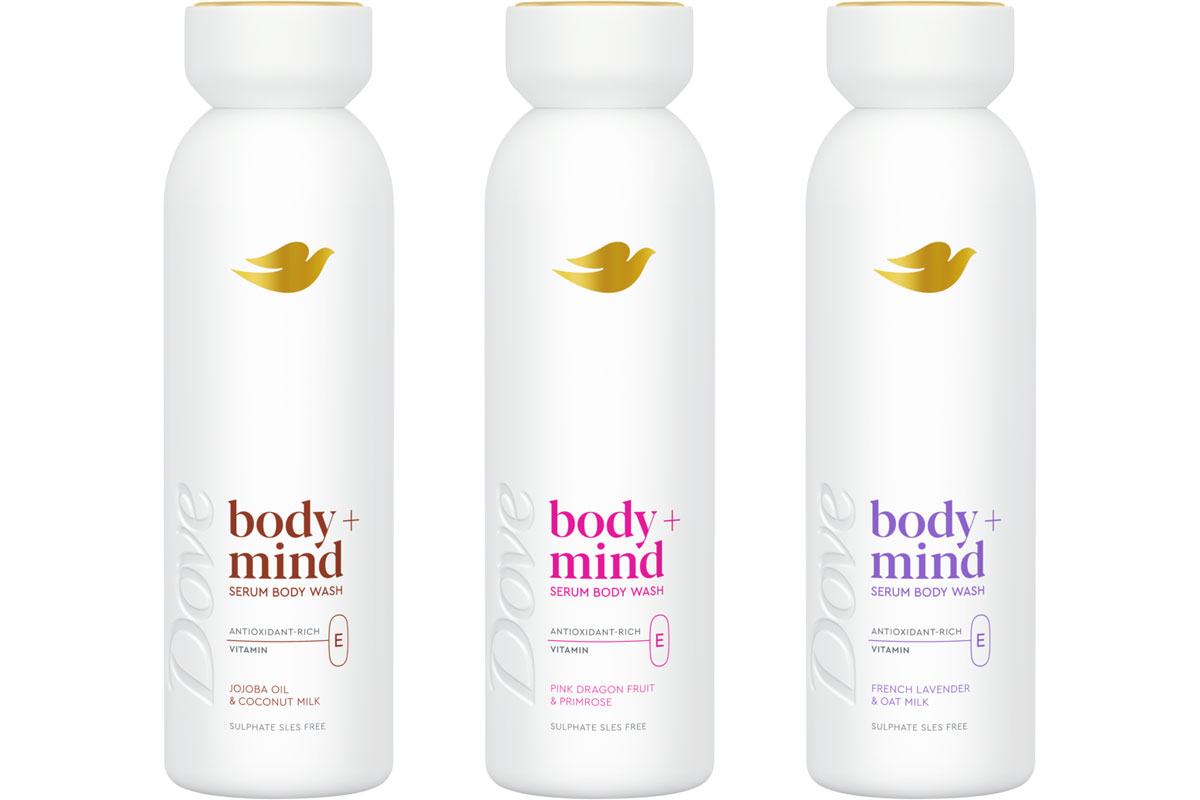 Pack shots of Dove Body + Mind Jojoba Oil & Coconut Milk, Dragon Fruit & Primrose and French Lavender & Oat Milk.