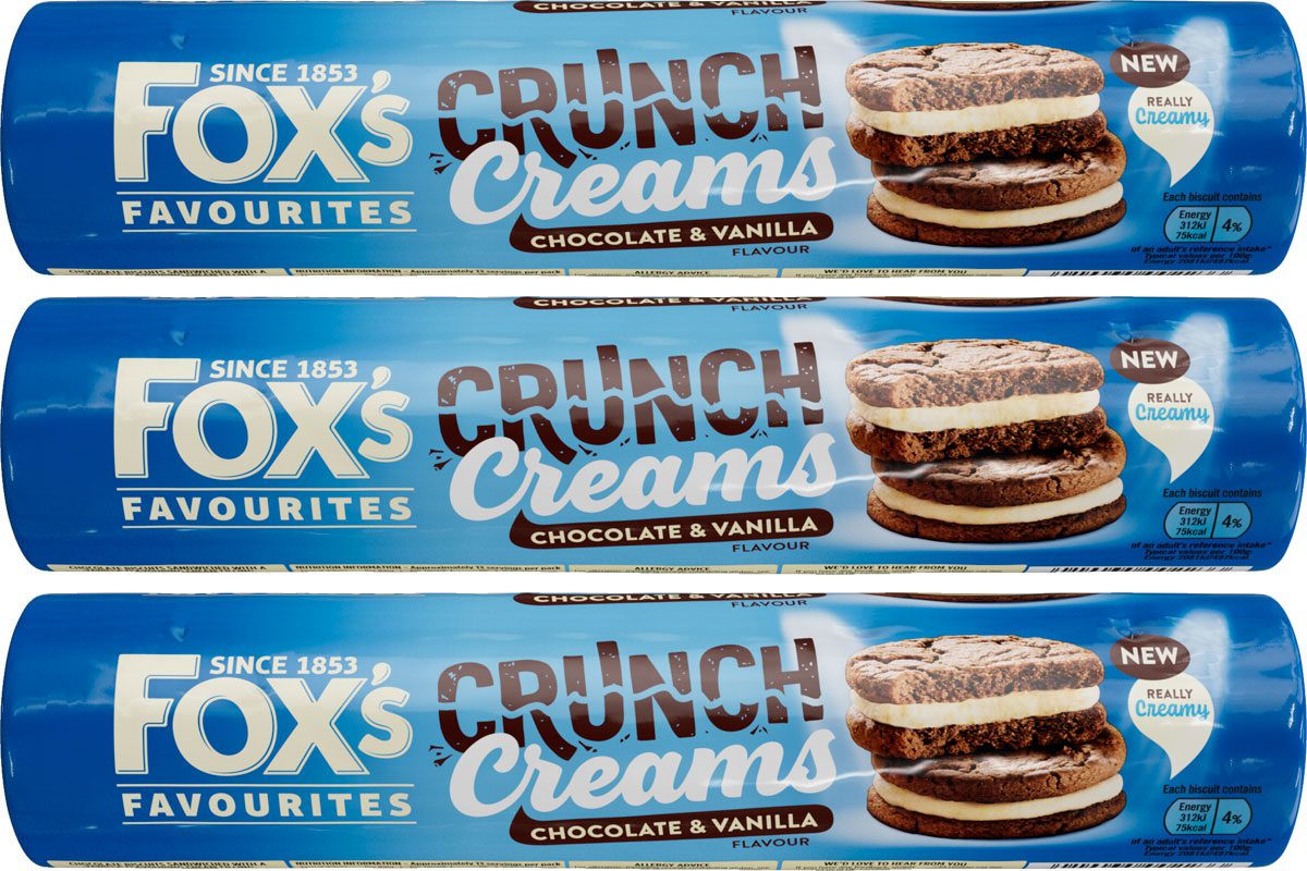 Pack shots of Fox's Crunch Creams Chocolate & Vanilla.