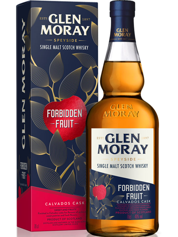 Pack shot of Glen Moray Forbidden Fruit bottle with the outer packaging beside it.
