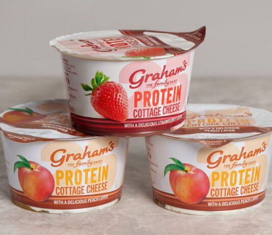 Graham’s introduces new Cottage Cheese with Fruit Layers Pots of Graham's The Family Dairy's Cottage Cheese with Fruit Layers have been stacked up in a pyramid formation against a grey background.
