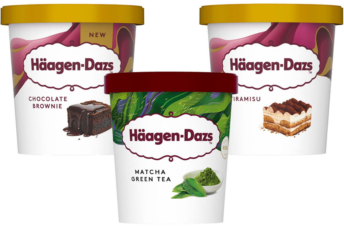 Pack shots of Häagen-Dazs ice cream tubs in Chocolate Brownie, Matcha Green Tea and Tiramisu flavours.