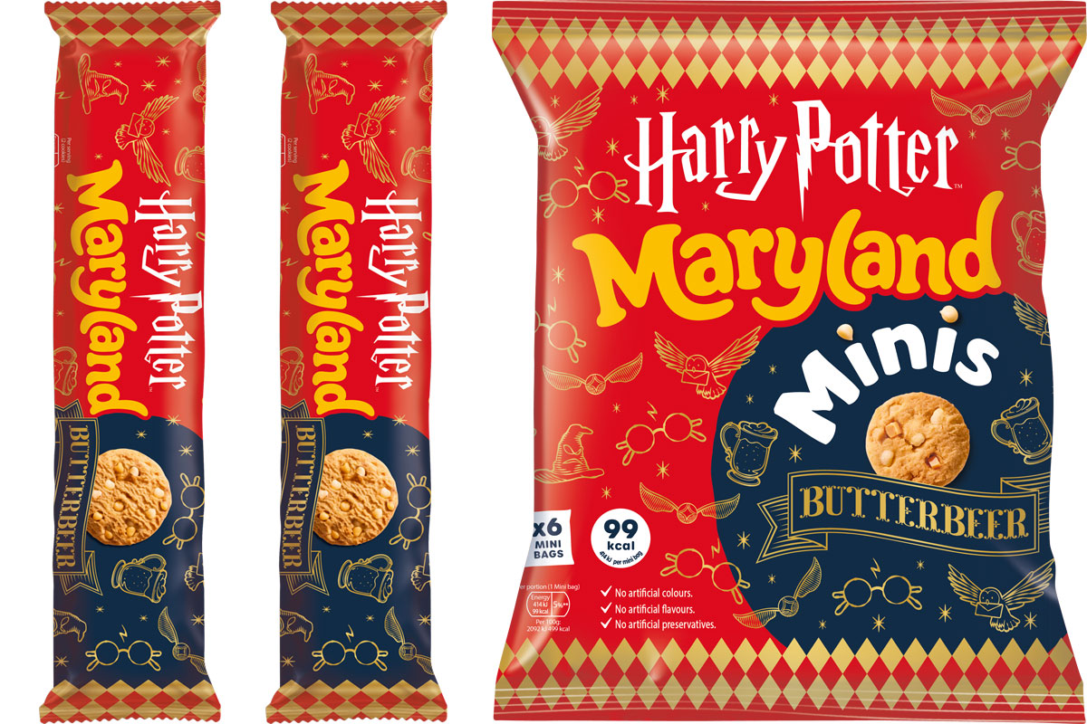 Pack shots of Maryland Harry Potter Butterbeer Cookies standard roll wrap and Minis format.