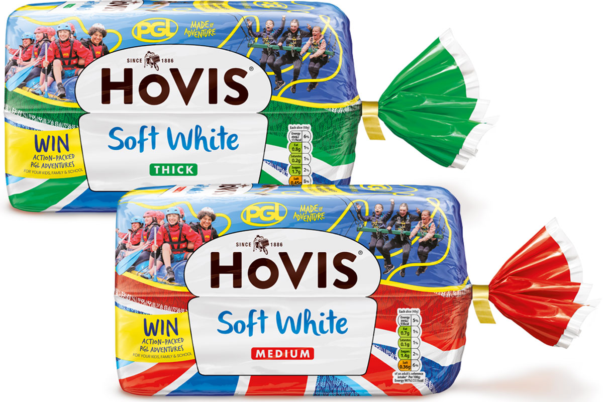 Pack shots of Hovis Thick and Medium Sliced bread with the PGL promotion on packs.