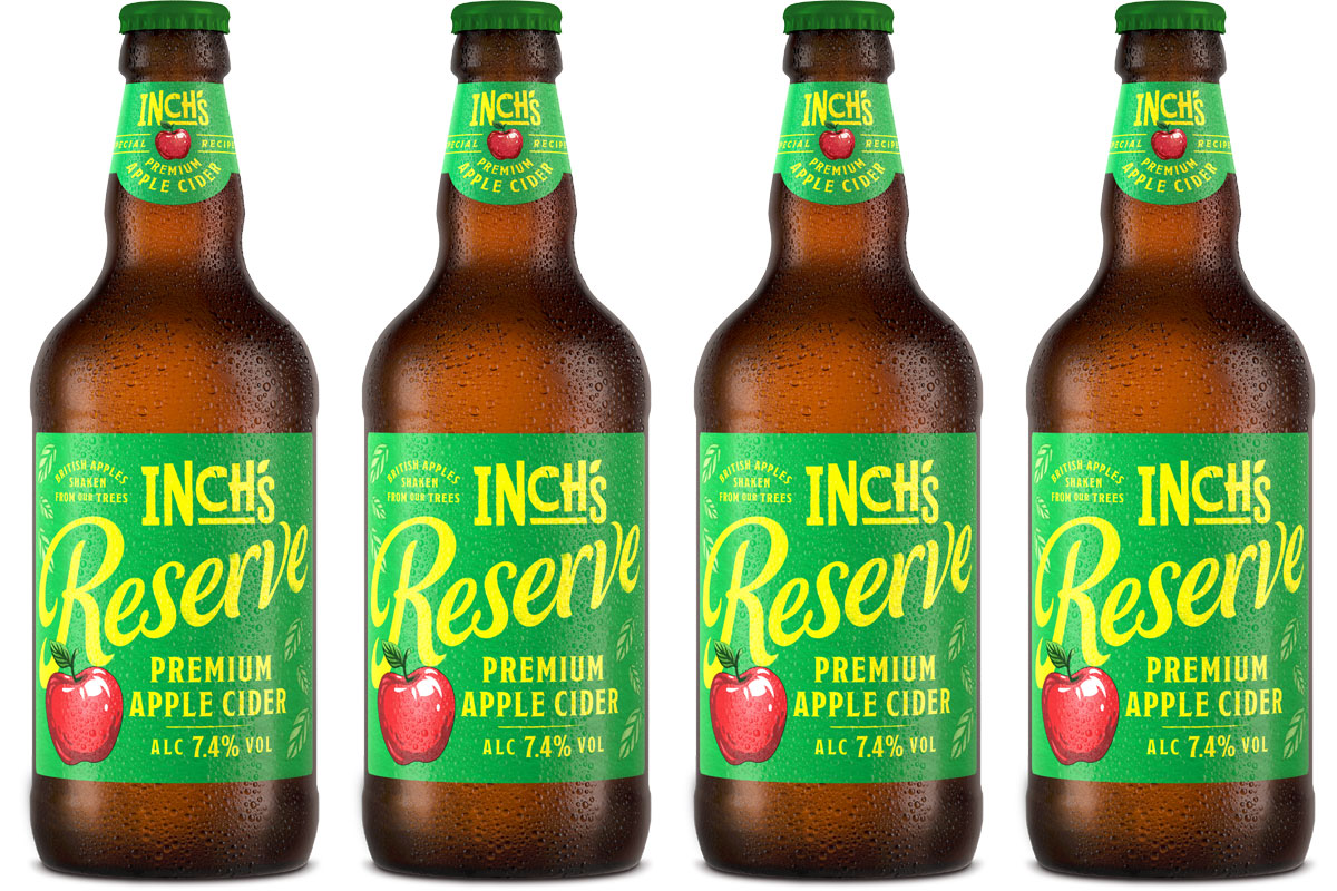 Pack shots of Inch's Cider Reserve 500ml bottles.