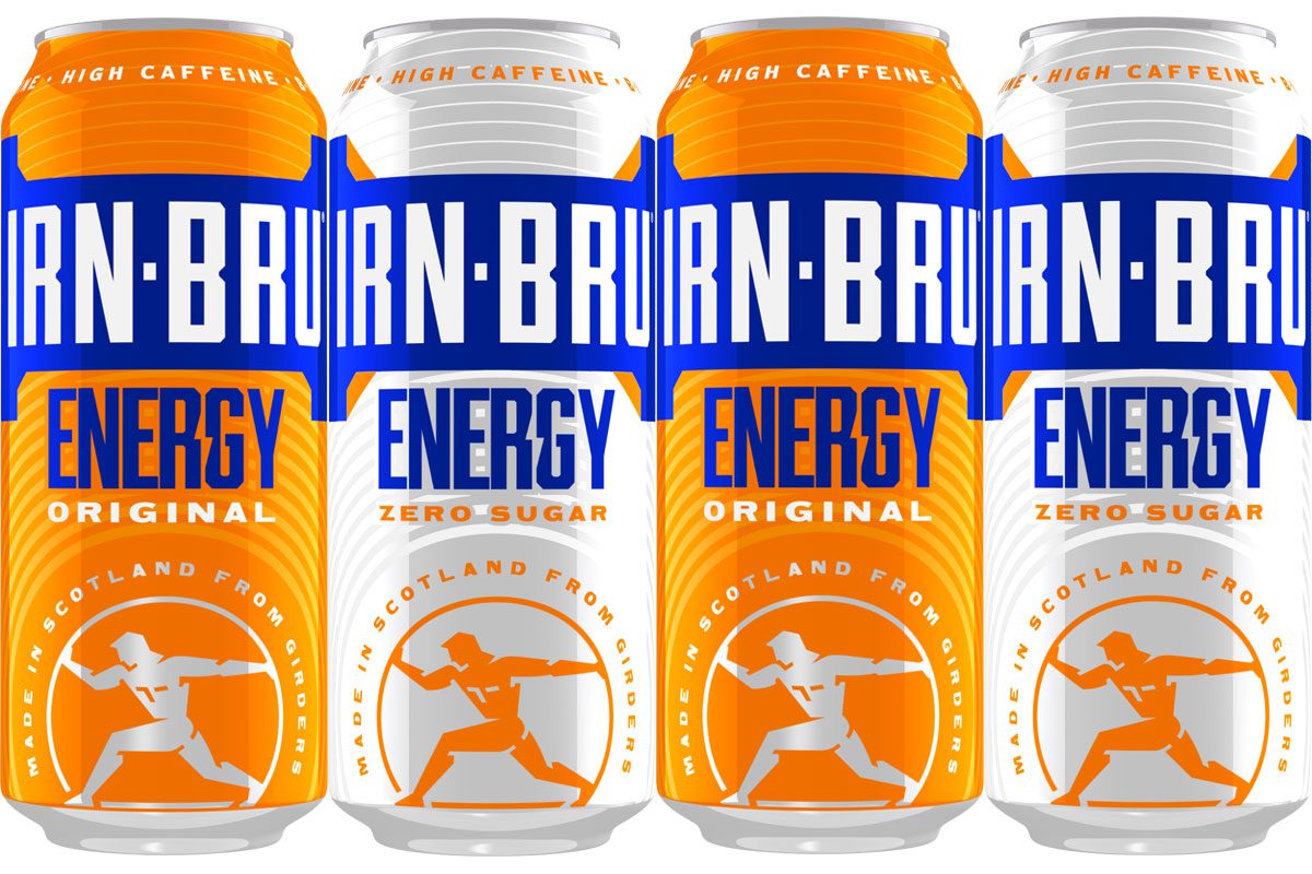 Pack shots of Irn-Bru Energy and Irn-Bru Energy Zero Sugar.