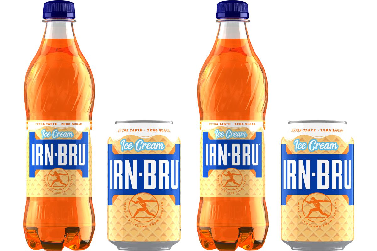 Pack shots of Irn-Bru Ice Cream 330ml cans and 500ml bottles.