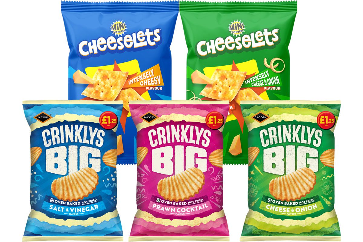 Pack shots of Jacob's Cheeselets and Jacob's Crinklys Big consisting of Cheeselets Intensely Cheesy, Intensely Cheese & Onion, Crinklys Big Salt & Vinegar, Crinklys Big Prawn Cocktail and Crinklys Big Cheese & Onion.