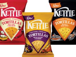 Kettle Chips launches Tortilla range Pack shots of Kettle Tortillas Mature Cheddar & Red Onion, Sweet Chilli & Sour Cream and Sea Salt & Black Pepper variants.