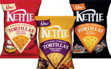 Kettle Chips launches Tortilla range Pack shots of Kettle Tortillas Mature Cheddar & Red Onion, Sweet Chilli & Sour Cream and Sea Salt & Black Pepper variants.