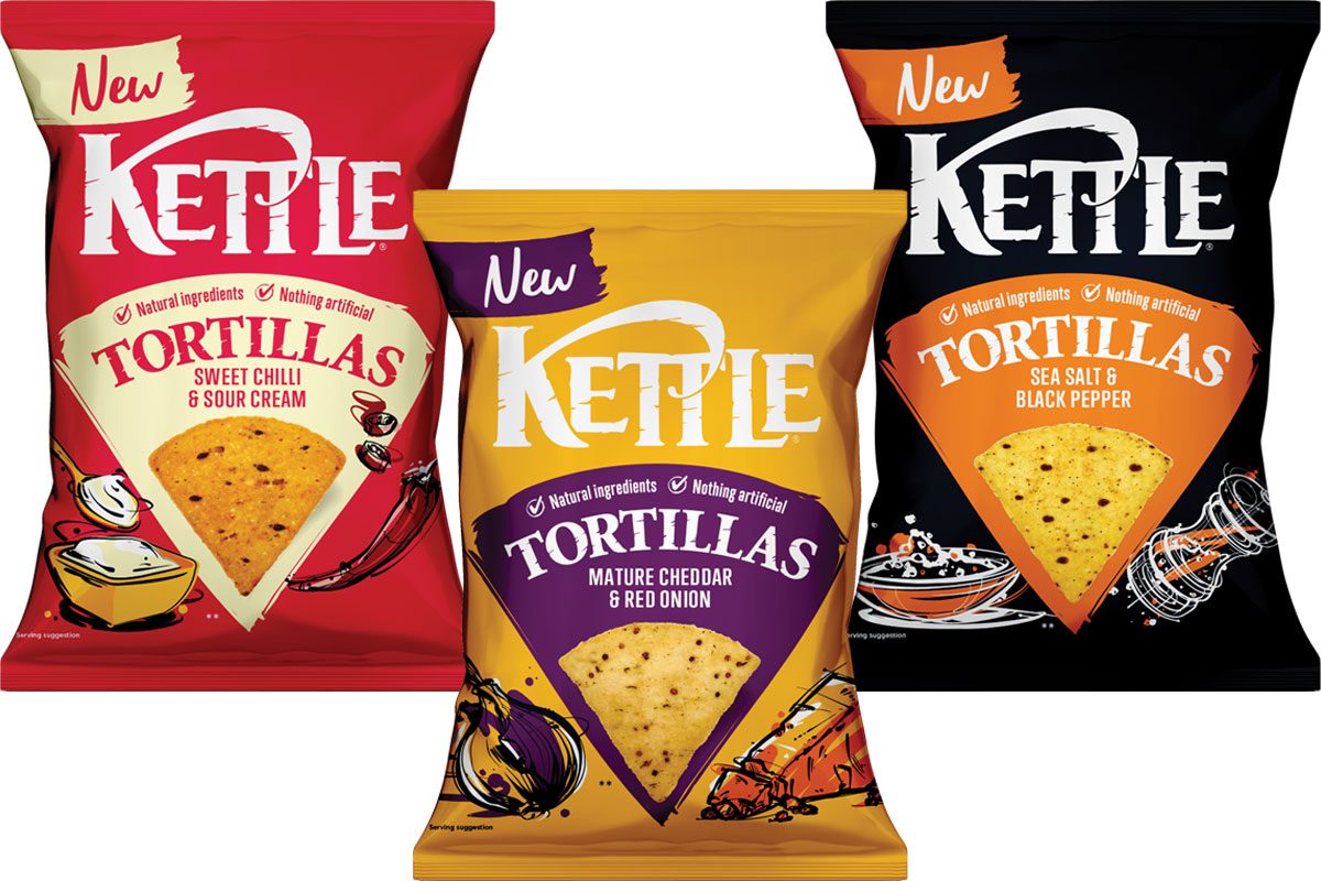 Pack shots of Kettle Tortillas Mature Cheddar & Red Onion, Sweet Chilli & Sour Cream and Sea Salt & Black Pepper variants.
