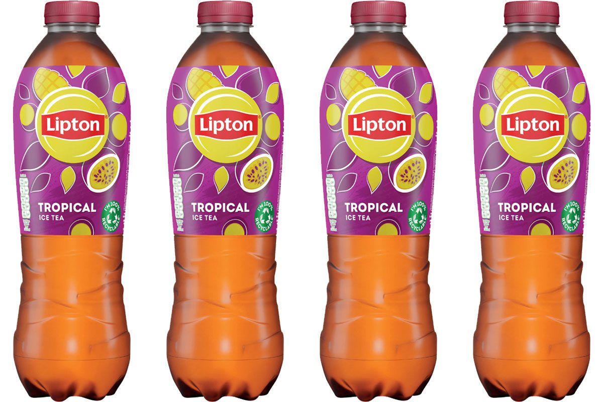 Pack shots of Lipton Tropical Iced Tea bottles.