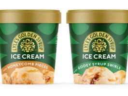 Lyle’s Golden Syrup introduces new ice cream range Pack shots of Lyle's Golden Syrup Ice Cream with Honeycomb Pieces and Ice Cream with Gooey Syrup Swirls.