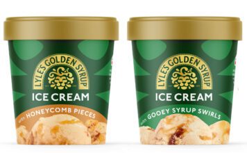 Lyle’s Golden Syrup introduces new ice cream range Pack shots of Lyle's Golden Syrup Ice Cream with Honeycomb Pieces and Ice Cream with Gooey Syrup Swirls.