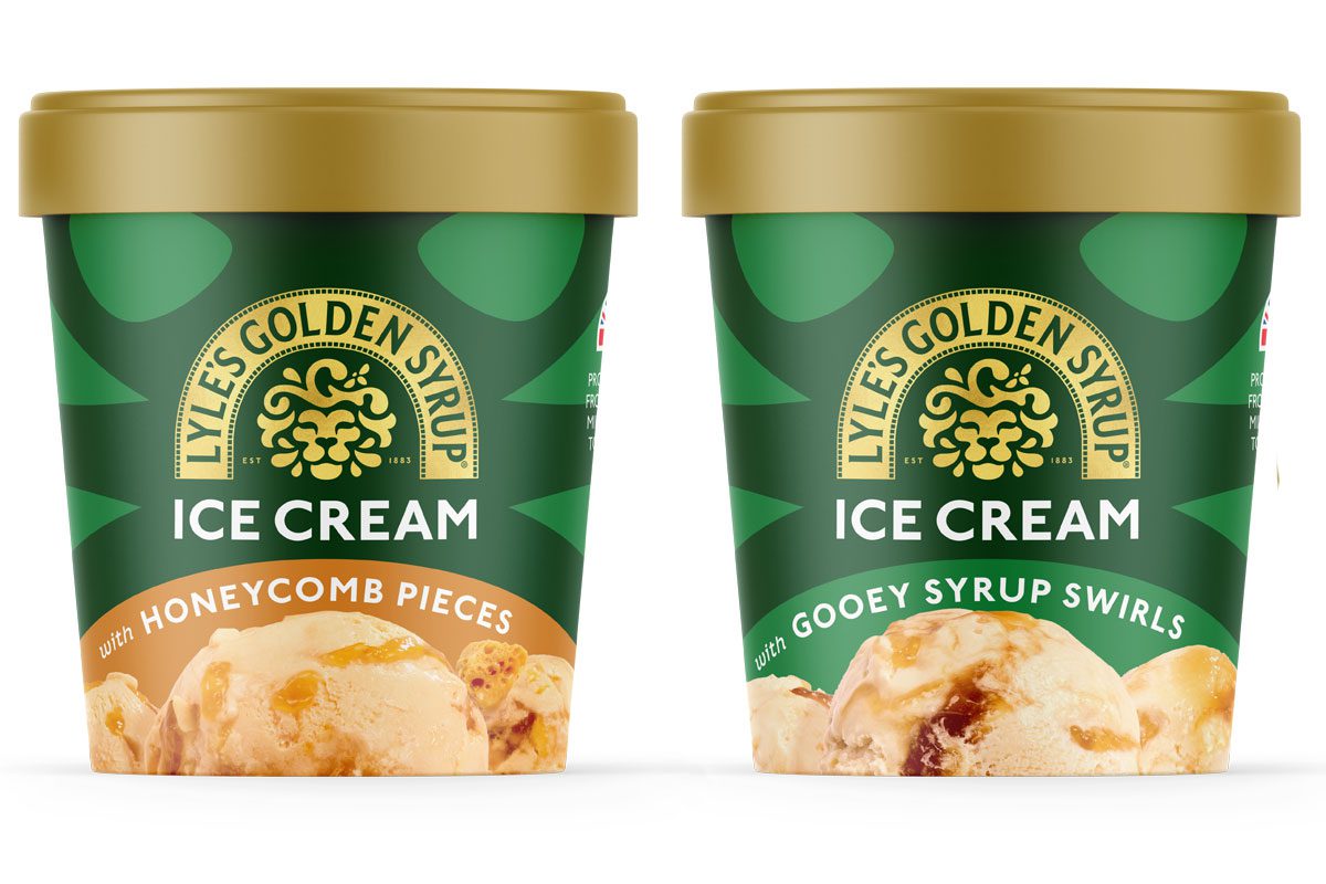 Pack shots of Lyle's Golden Syrup Ice Cream with Honeycomb Pieces and Ice Cream with Gooey Syrup Swirls.