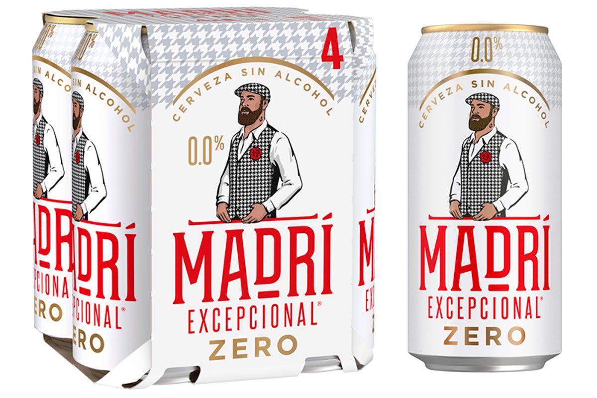 Pack shot of Madrí Excepcional Zero 440ml can with a four pack.