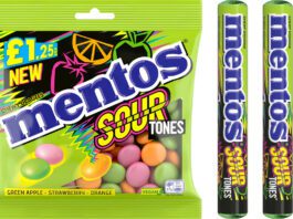 Mentos taps into sour candy demand with Sour Tones Pack shots of Mentos Sour Tones including a hanging sharing bag and single roll packs.