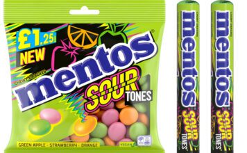 Mentos taps into sour candy demand with Sour Tones Pack shots of Mentos Sour Tones including a hanging sharing bag and single roll packs.
