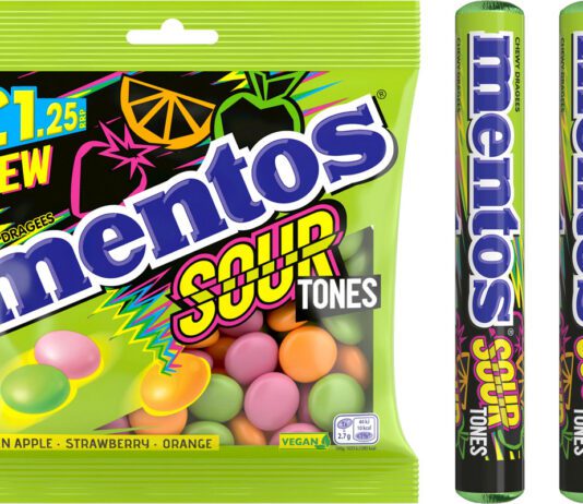 Mentos taps into sour candy demand with Sour Tones Pack shots of Mentos Sour Tones including a hanging sharing bag and single roll packs.