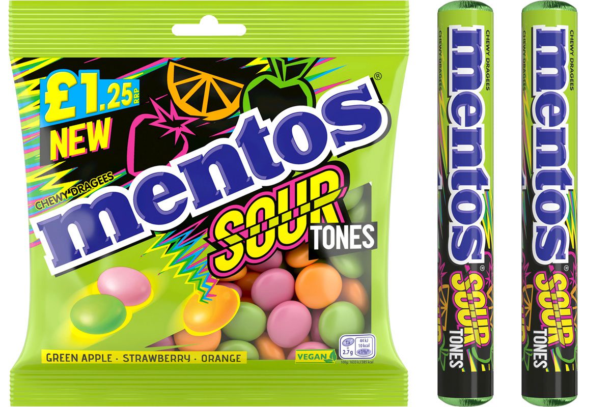 Pack shots of Mentos Sour Tones including a hanging sharing bag and single roll packs.
