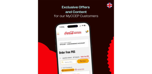 CCEP launches mobile app for retailers Promotional image of the MyCCEP app featuring a mobile phone with the homescreen for the app.