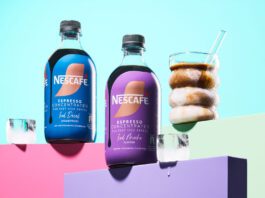 Nescafé expands Espresso Concentrated range with Mocha and Decaf Bottles of Nescafé Espresso Concentrated Mocha and Decaf variants are stacked up on pastel coloured boxes with an iced coffee serve next to them.