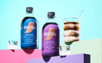 Nescafé expands Espresso Concentrated range with Mocha and Decaf Bottles of Nescafé Espresso Concentrated Mocha and Decaf variants are stacked up on pastel coloured boxes with an iced coffee serve next to them.