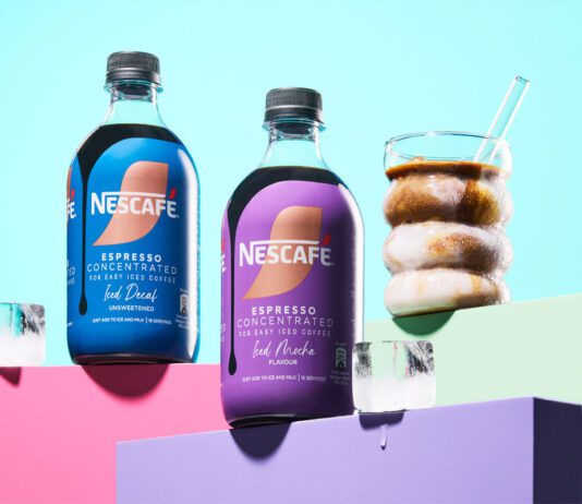 Nescafé expands Espresso Concentrated range with Mocha and Decaf Bottles of Nescafé Espresso Concentrated Mocha and Decaf variants are stacked up on pastel coloured boxes with an iced coffee serve next to them.