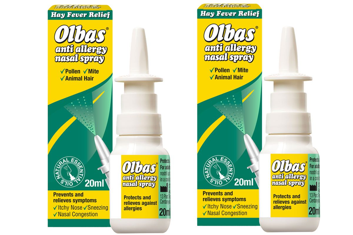 Pack shots of Olbas Anti Allergy Nasal Sprays with outer boxes.