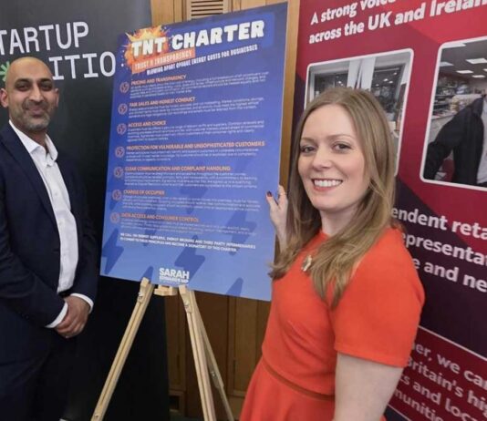 Calls to tackle energy costs Retailer Kaual Patel with Labour MP Sarah Edwards at the launch of the Trust and Transparency Energy Charter.