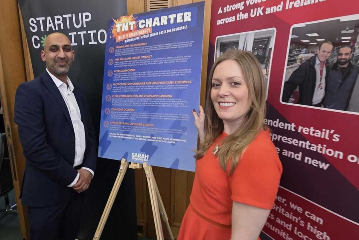 Retailer Kaual Patel with Labour MP Sarah Edwards at the launch of the Trust and Transparency Energy Charter.