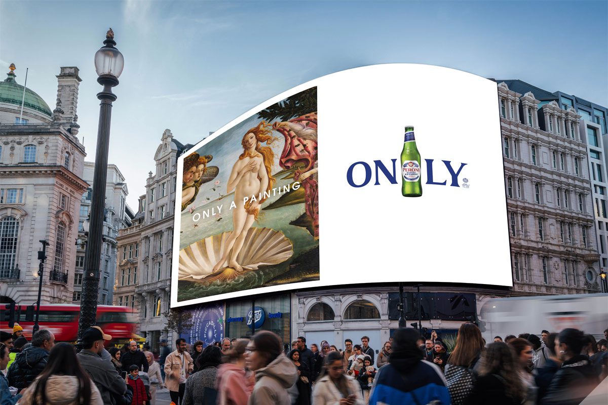 Image of the Peroni 'Only Peroni' campaign in Picadilly Circus in London.