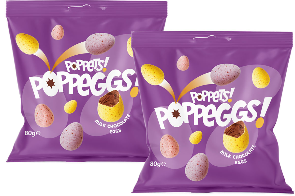 Pack shots of Poppets Poppeggs 80g packs.