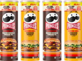 Pringles partners up with Burger King on new flavours Pack shots of Pringles Burger King Bacon Double Cheese XL Flavour and Burger King Chicken Royale Flavour.