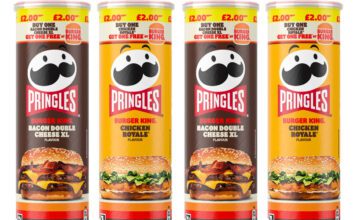 Pringles partners up with Burger King on new flavours Pack shots of Pringles Burger King Bacon Double Cheese XL Flavour and Burger King Chicken Royale Flavour.