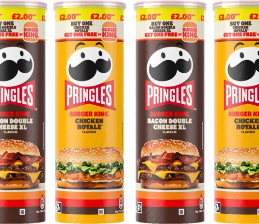 Pringles partners up with Burger King on new flavours Pack shots of Pringles Burger King Bacon Double Cheese XL Flavour and Burger King Chicken Royale Flavour.