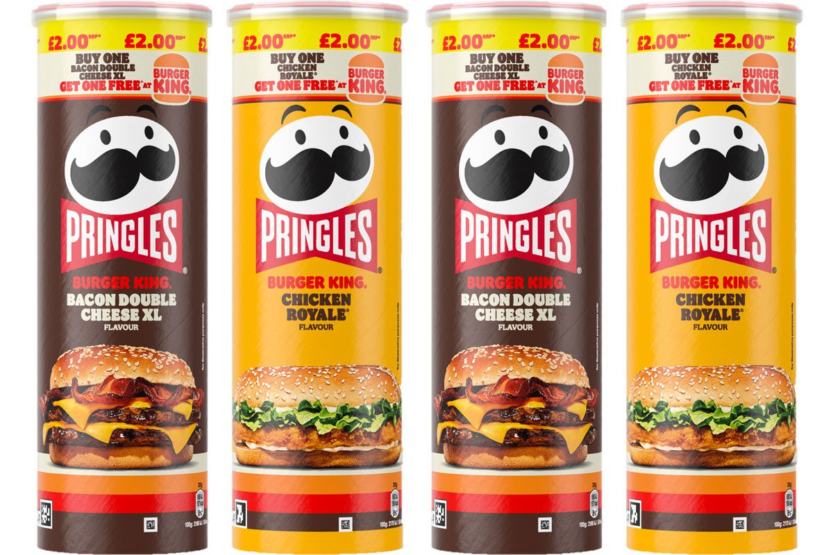 Pack shots of Pringles Burger King Bacon Double Cheese XL Flavour and Burger King Chicken Royale Flavour.