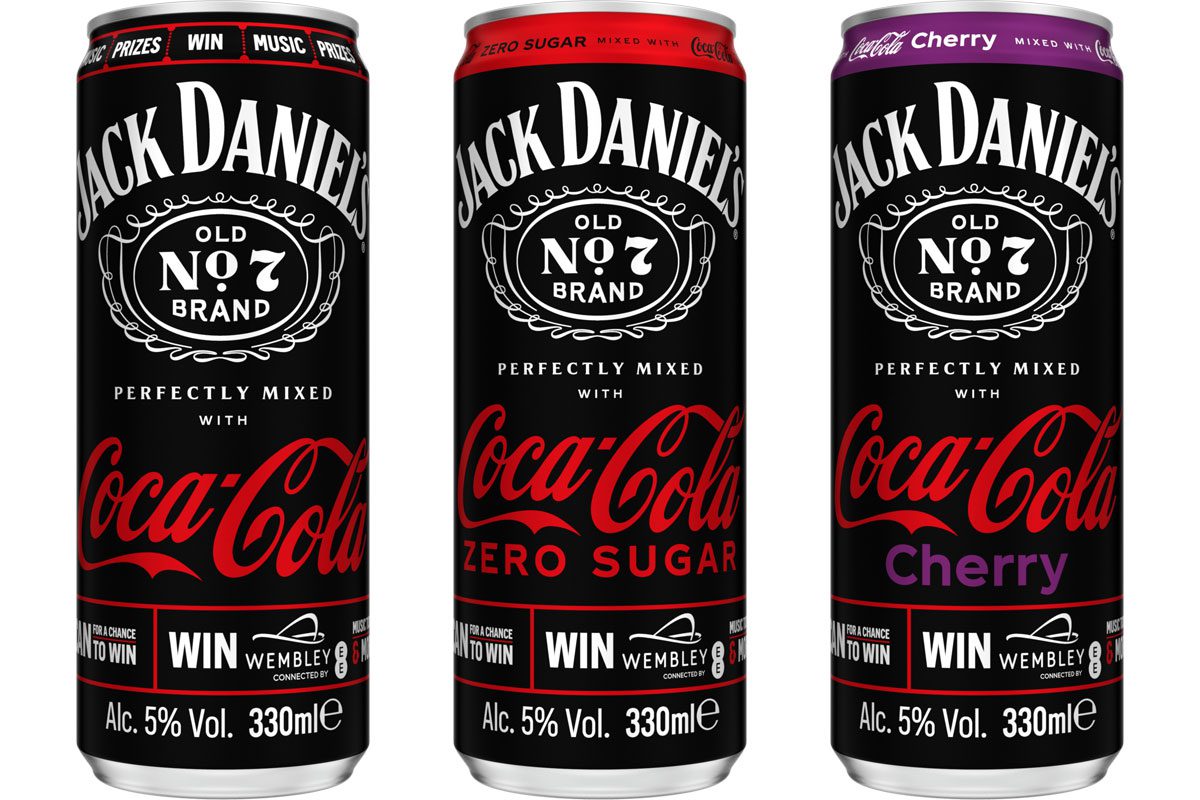 Pack shots of Jack Daniel's & Coca Cola, Cherry and Zero Sugar variants with the on-pack promo with Wembley Stadium Connected by EE.