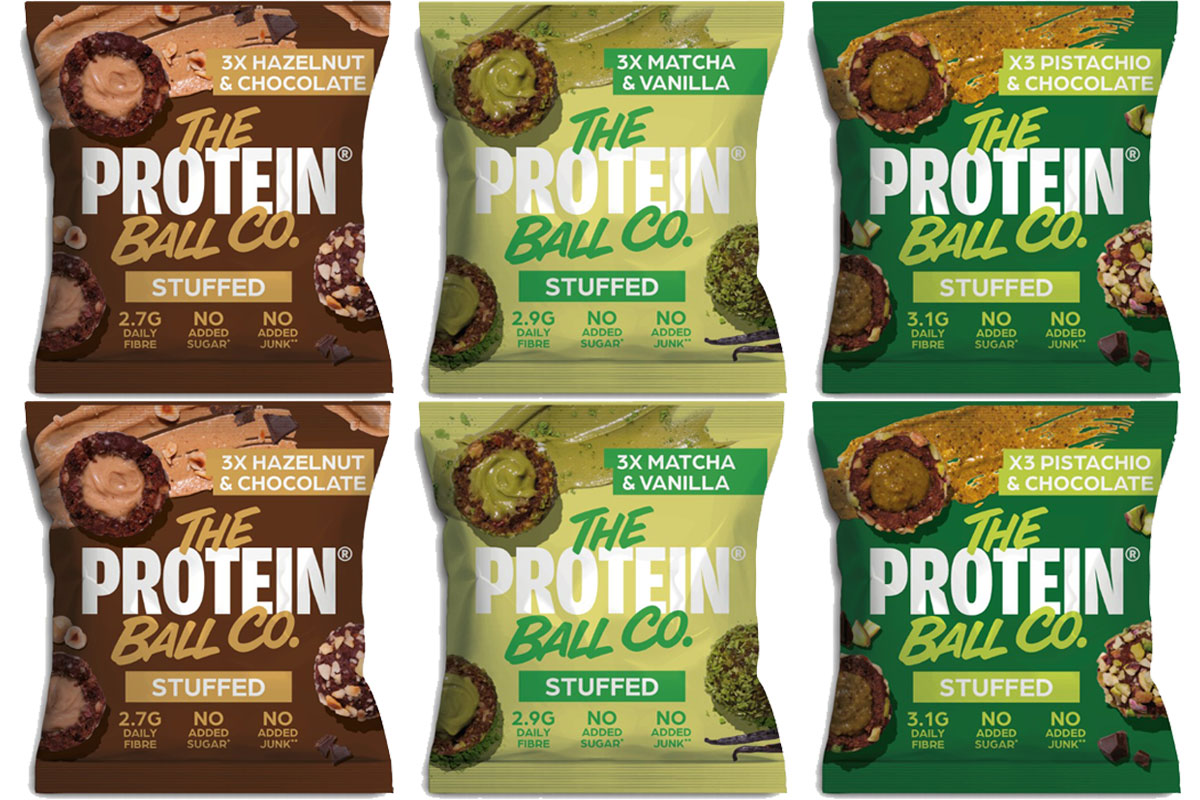Pack shots of The Protein Ball Co Stuffed range consisting of Hazelnut & Chocolate, Matcha & Vanilla and Pistachio & Chocolate.