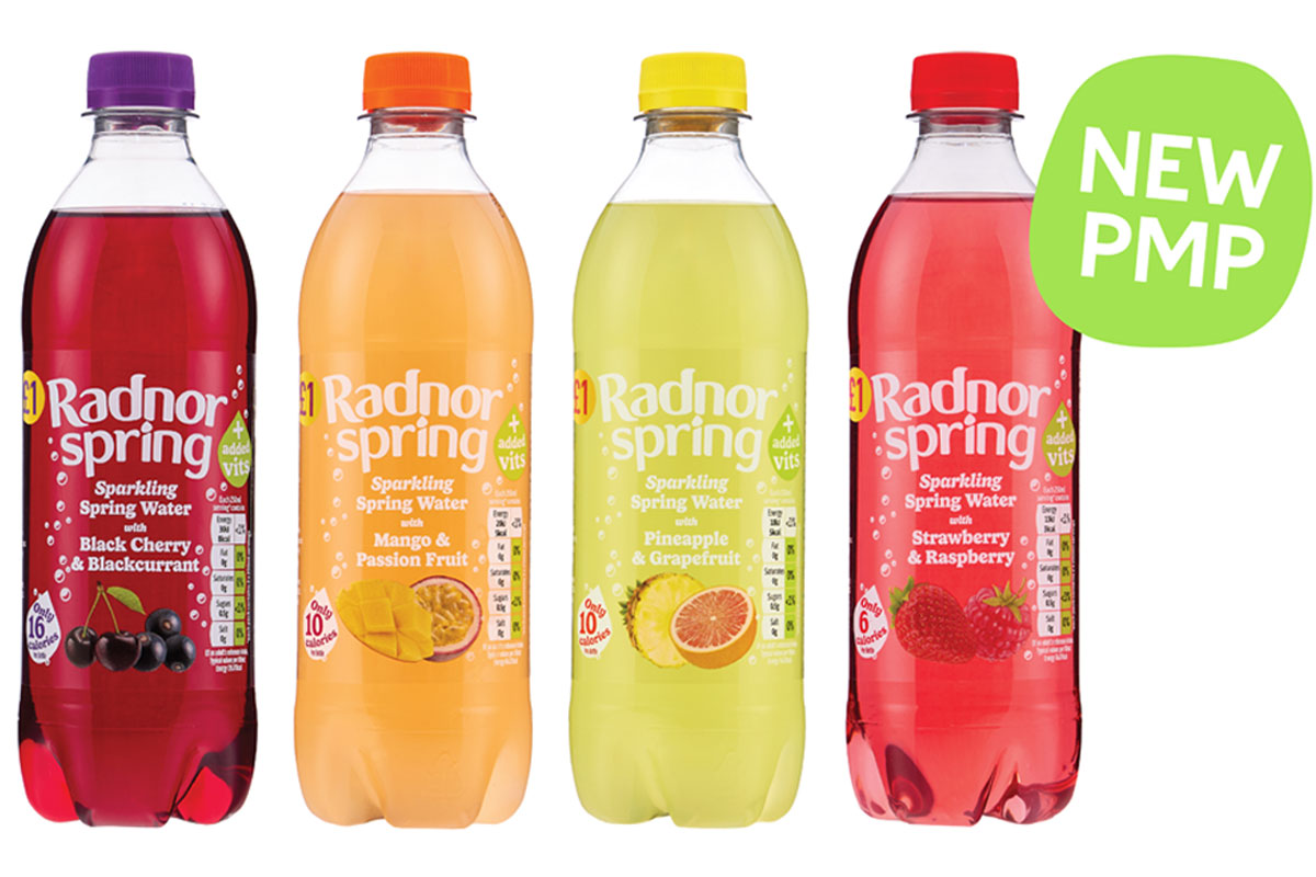 Pack shots of Radnor Spring price-marked packs with green bubble with the text "NEW PMP".