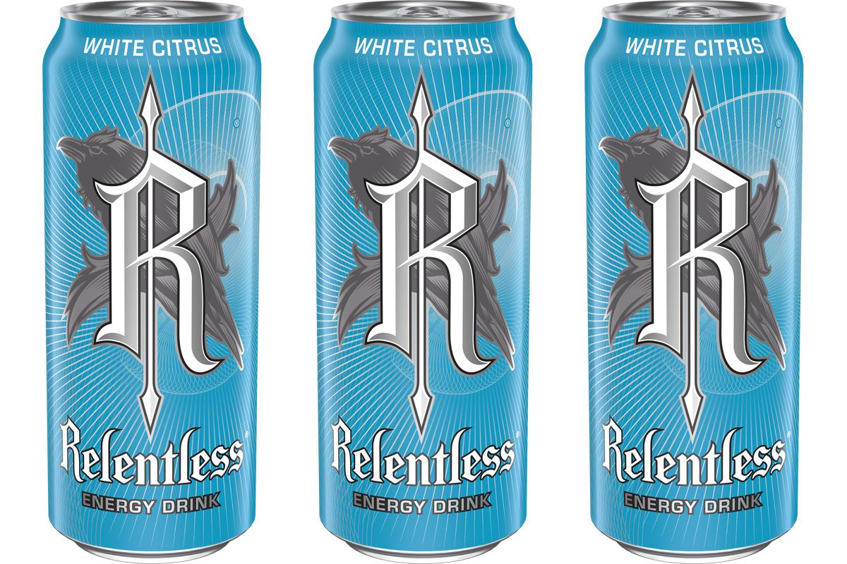 Pack shots of Relentless White Citrus cans.