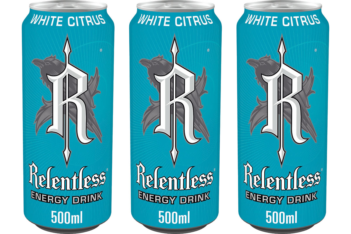Pack shots of Relentless White Citrus 500ml cans.