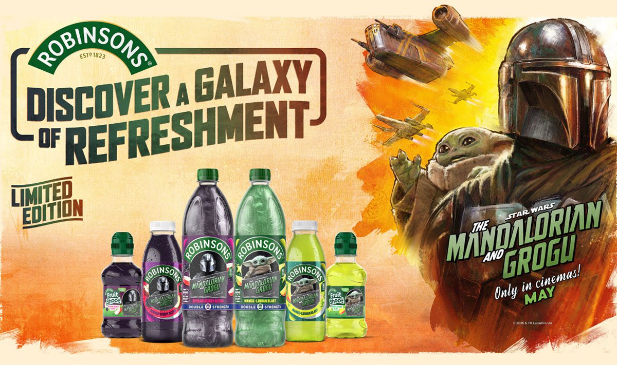 Promotional image of the Robinsons Star Wards: The Mandalorian and Grogu movie featuring the film's eponymous characters with bottles of the new variants.