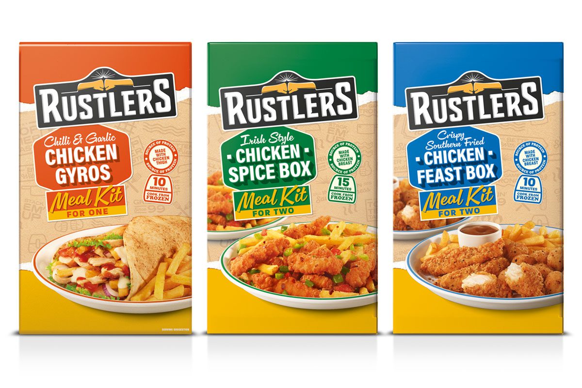 Pack shots of Rustlers Frozen Meal Kits including the Chilli & Garlic Chicken Gyros, Irish Style Chicken Spice Box and Crispy Southern Fried Chicken Feast Box.