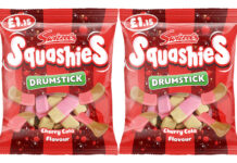 Swizzels introduces price-marked Squashies Cherry Cola Pack shots of Squashies Drumstick Cherry Cola PMP hanging bags.