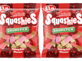 Swizzels introduces price-marked Squashies Cherry Cola Pack shots of Squashies Drumstick Cherry Cola PMP hanging bags.