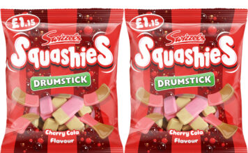 Swizzels introduces price-marked Squashies Cherry Cola Pack shots of Squashies Drumstick Cherry Cola PMP hanging bags.