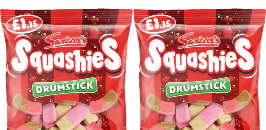 Swizzels introduces price-marked Squashies Cherry Cola Pack shots of Squashies Drumstick Cherry Cola PMP hanging bags.